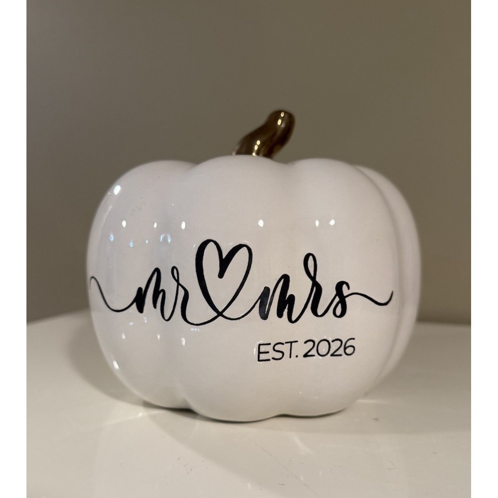 New Mr. & Mrs. Est. 2026 Ceramic Pumpkin Wedding Decor With Gold Stem